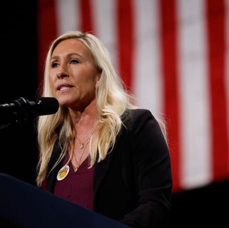 ATLANTA, GEORGIA - OCTOBER 15: U.S. Rep. Marjorie Taylor Greene (R-GA) speaks before Republican presidential nominee, former U.S. President Donald Trump during a campaign rally at the Cobb Energy Performing Arts Centre on October 15, 2024 in Atlanta, Georgia. With early voting starting today in Georgia both Trump and Democratic presidential nominee, Vice President Kamala Harris are campaigning in the Atlanta region this week as polls show a tight race. (Photo by Kevin Dietsch/Getty   Images)