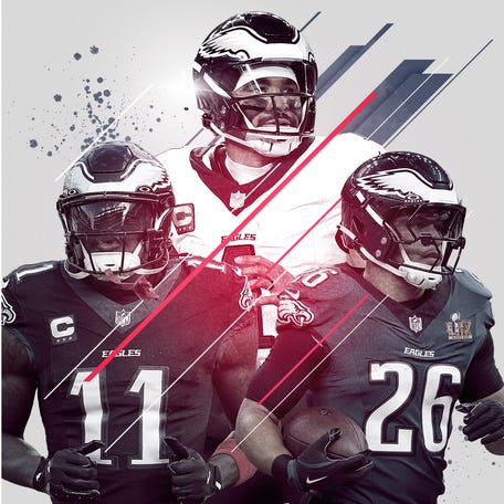 AJ Brown, Jalen Hurts and Saquan Barkley of the Philadelphia Eagles