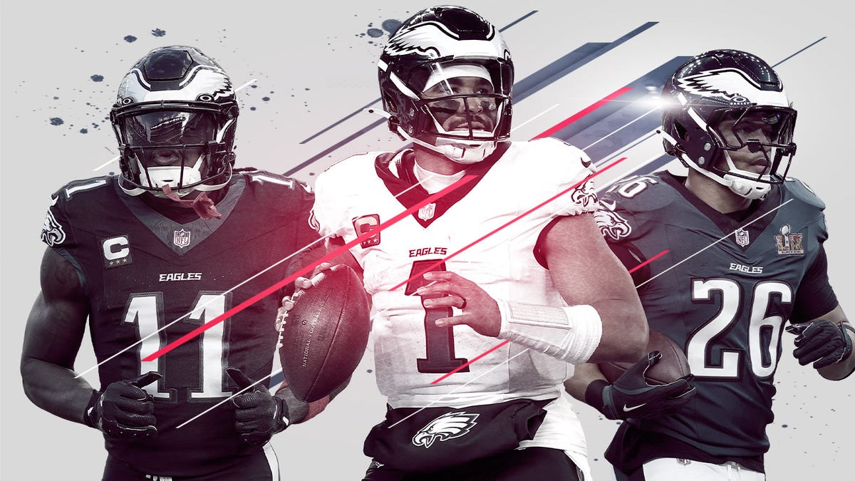 AJ Brown, Jalen Hurts and Saquan Barkley of the Philadelphia Eagles