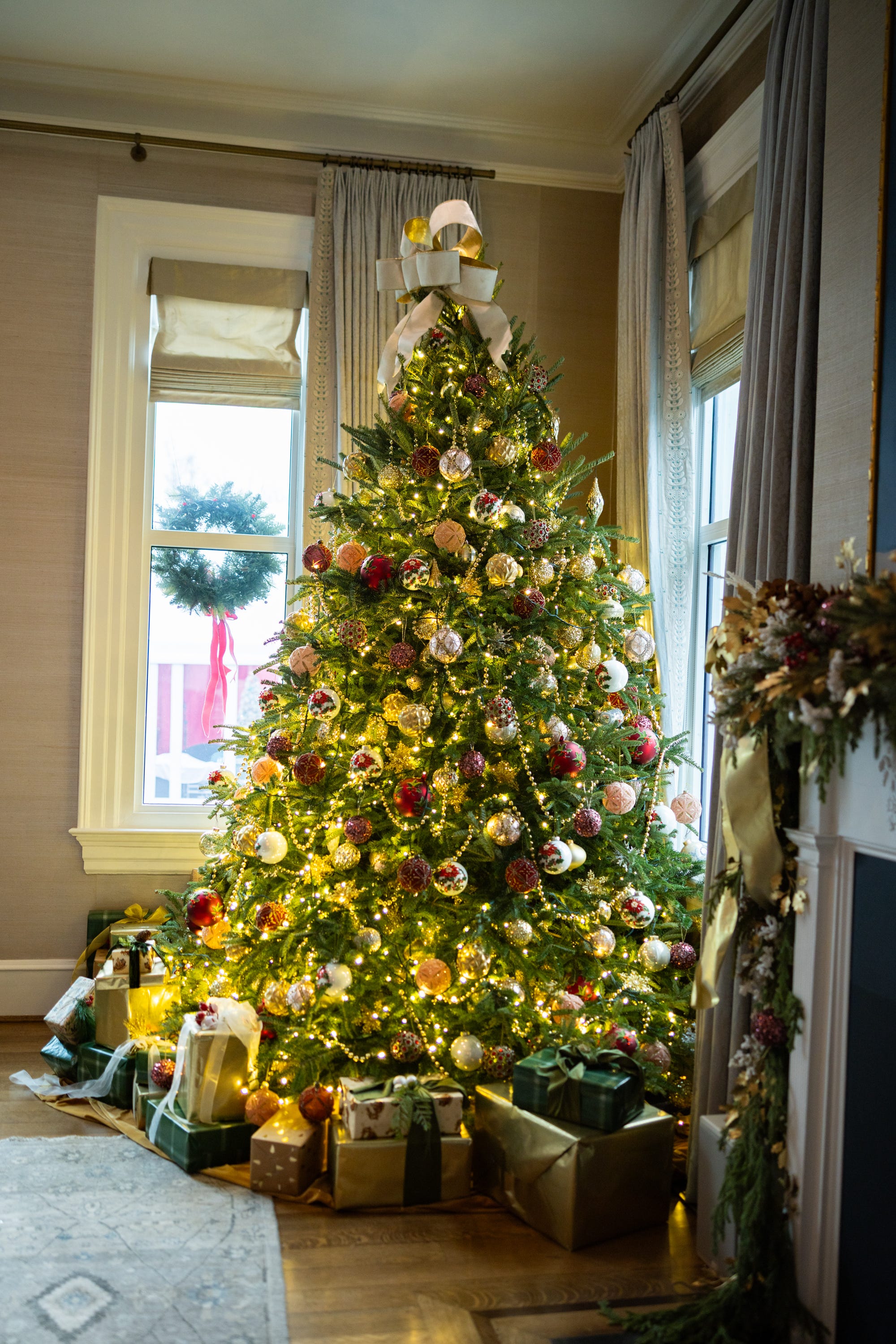 A Christmas tree is displayed as part of the holiday decor at the vice president’s residence on the grounds of the Naval Observatory on Dec. 8, 2025.