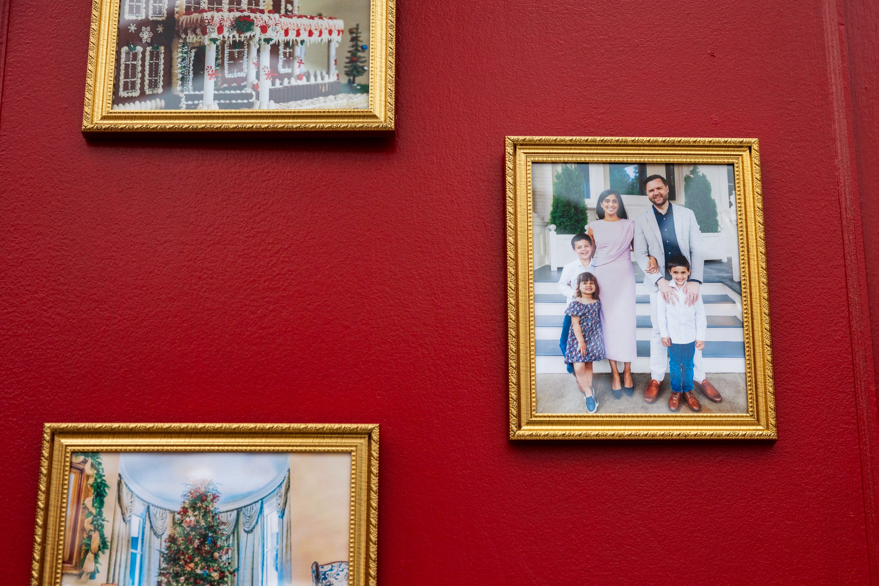 A photograph of the Vance family is seen among the holiday decor at the vice president’s residence on the grounds of the Naval Observatory on Dec. 8, 2025. The second lady also shares with USA TODAY how the Vance family is settling into their home at the Naval Observatory.