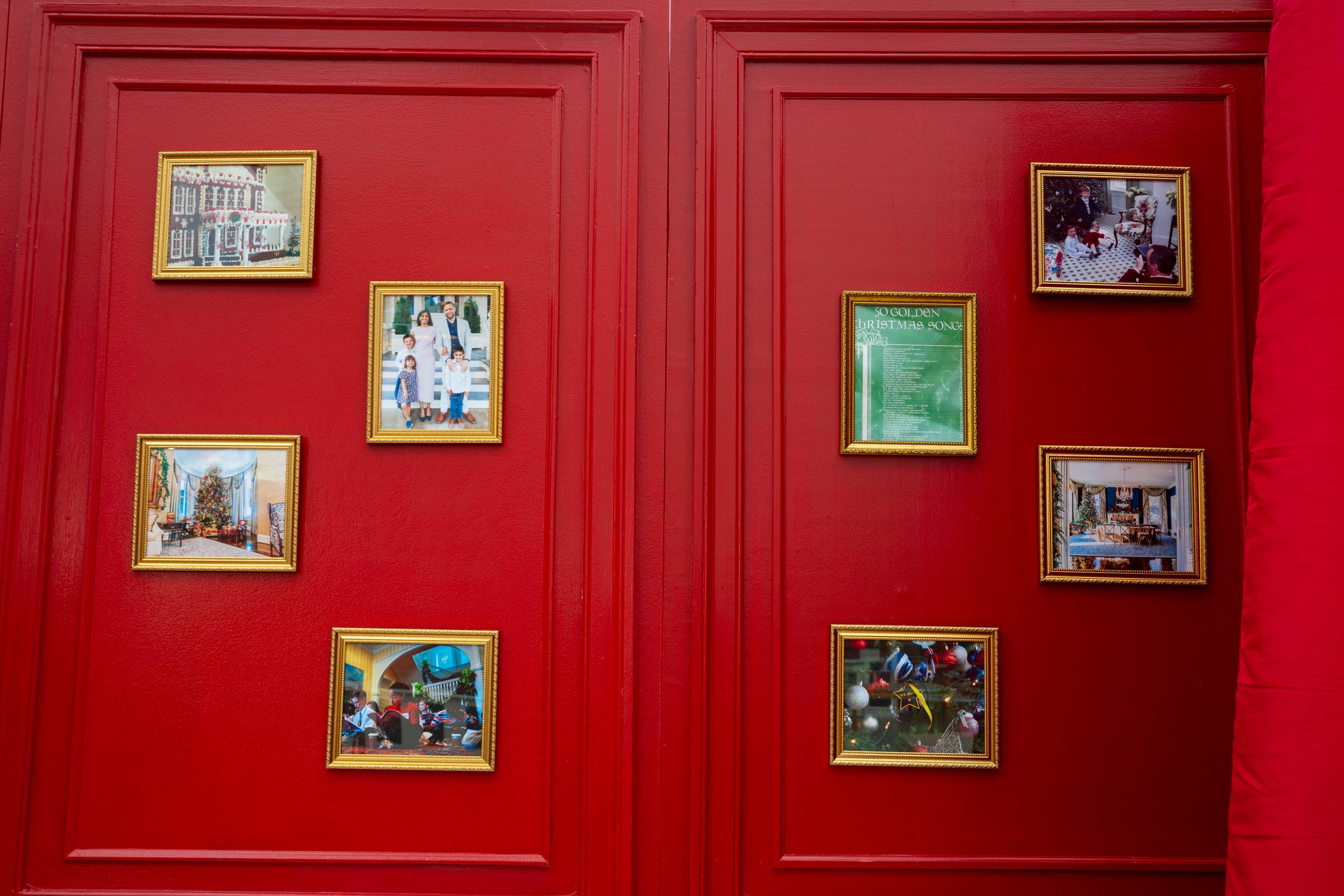 Family photographs of Vice Presidents’ families, past and present, are seen among the holiday decor at the vice president’s residence on the grounds of the Naval Observatory on Dec. 8, 2025.
