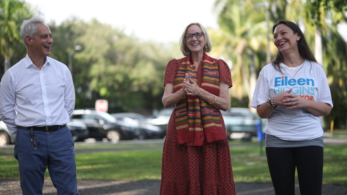 City of Miami Mayoral candidate Eileen Higgins, and former Chicago Mayor and Ambassador to Japan Rahm Emanuel, and Florida Democratic Party Chair Nikki Fried speak to supporters before she canvasses a neighborhood for votes on Dec. 08, 2025 in Miami, Florida.