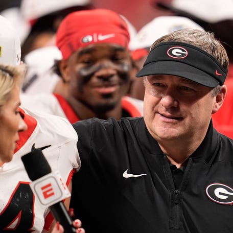 Dec 6, 2025; Atlanta, GA, USA; Georgia Bulldogs head coach Kirby Smart looks on after the game against the Alabama Crimson Tide during the 2025 SEC Championship game at Mercedes-Benz Stadium. Mandatory Credit: Dale Zanine-Imagn Images