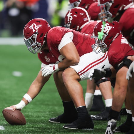 Dec 6, 2025; Atlanta, GA, USA; Alabama Crimson Tide offensive lineman Parker Brailsford (72) prepares to snap the ball during the first quarter against the Georgia Bulldogs during the 2025 SEC Championship game at Mercedes-Benz Stadium. Mandatory Credit: Brett Davis-Imagn Images