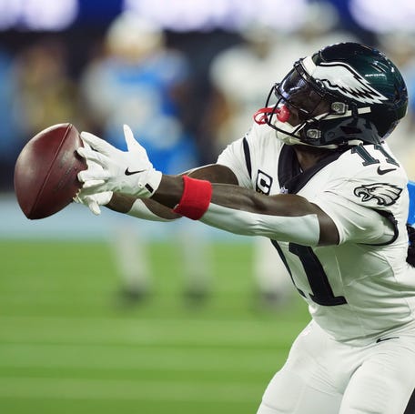 Philadelphia Eagles wide receiver A.J. Brown (11) cannot make a catch against Los Angeles Chargers cornerback Tarheeb Still (29) at SoFi Stadium.