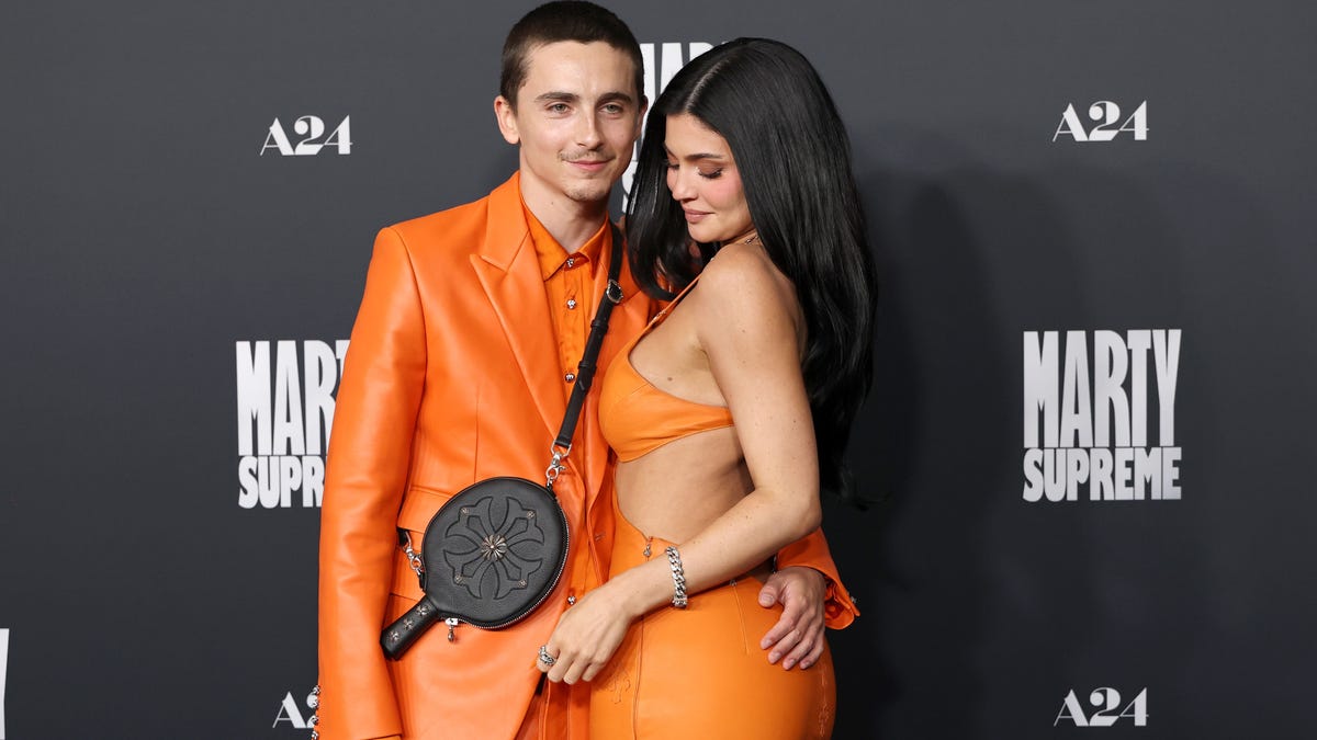 Timothée Chalamet and Kylie Jenner attend the Los Angeles premiere of A24's "Marty Supreme" at Samuel Goldwyn Theater on Dec. 8, 2025, in Beverly Hills, California.