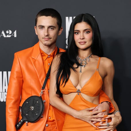 BEVERLY HILLS, CALIFORNIA - DECEMBER 08: (L-R) TimothÃ©e Chalamet and Kylie Jenner attend the Los Angeles premiere of A24's "Marty Supreme" at Samuel Goldwyn Theater on December 08, 2025 in Beverly Hills, California. (Photo by Monica Schipper/Getty Images)