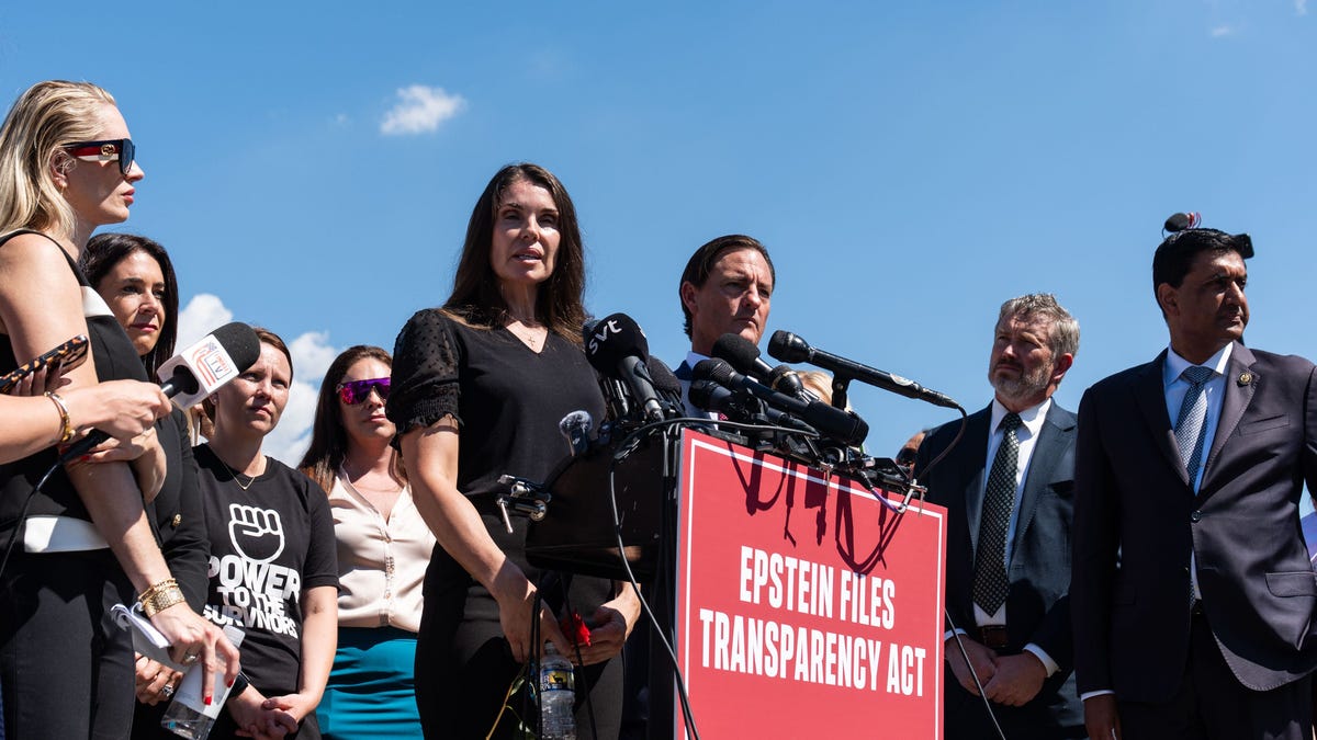 Teresa Helm, a Jeffery Epstein survivor, speaks during a press conference along with House members and other victims of convicted sex offender Jeffrey Epstein in Washington, D.C., on Sept. 3, 2025. The bipartisan group is calling for the release of the Justice Department files surrounding the case.