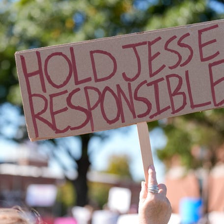 Demonstrators gather to protest the Jesse Butler case outcome outside Payne County Courthouse in Stillwater, Okla., on Wednesday, Nov. 5, 2025.