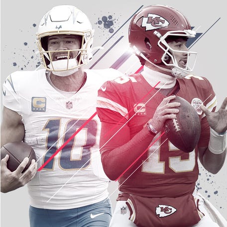 Justin Herbert of the Los Angeles Chargers and Patrick Mahomes of the Kansas City Chiefs