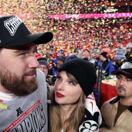 Travis Kelce with Taylor Swift at Arrowhead Stadium on Jan. 26, 2025, in Kansas City, Missouri.