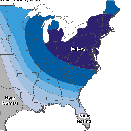 Frigid temperatures (in blue) are forecast for the eastern U.S. by the weekend and into early next week. At the same time, mild weather is forecast for the West.
