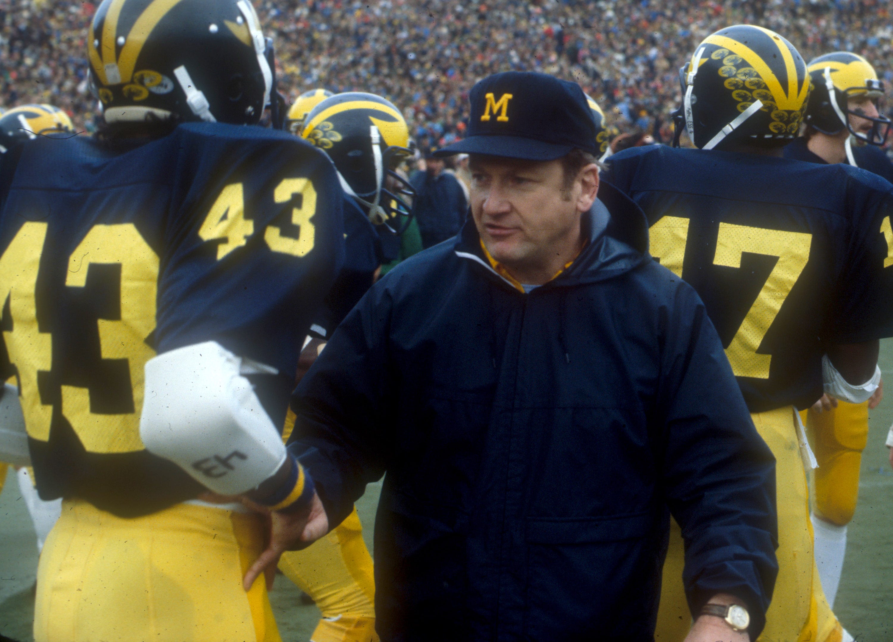 Michigan Wolverines head coach Bo Schembechler on the sidelines during a game at Michigan Stadium.