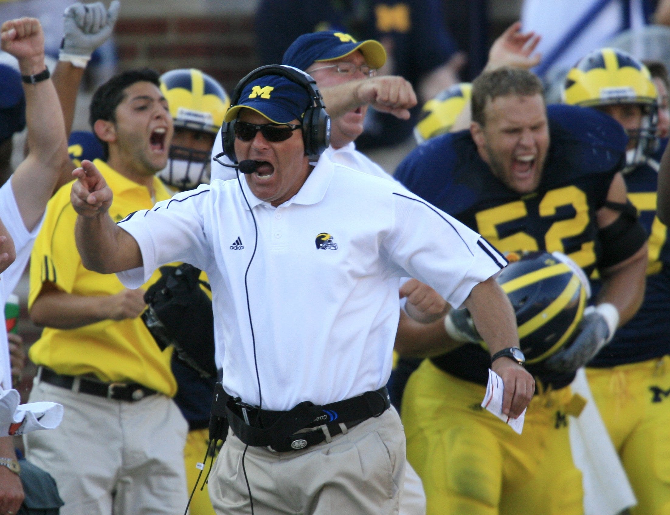 Michigan coach Rich Rodriguez reacts after his team recovered a fumble in the fourth quarter against Utah on Saturday Aug. 30, 2008, at Michigan Stadium.