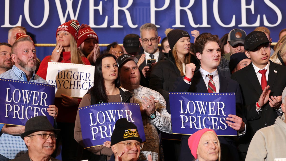 Supporters watch U.S. President Donald Trump deliver remarks during an event at Mount Airy Casino Resort on December 9, 2025 in Mount Pocono, Pennsylvania.