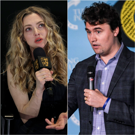 Amanda Seyfried speaks at Regal Union Square on Dec. 9, 2025, in New York City. / Charlie Kirk speaks at Clemson University in Clemson, South Carolina, on Nov. 1, 2021.