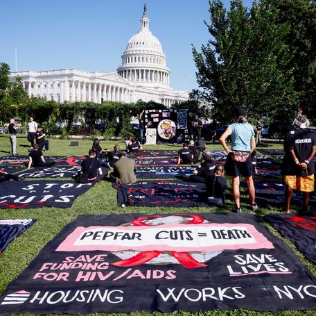 Activists of the Save HIV Funding campaign rally outside the U.S. Capitol in Washington, DC, on Sept. 5, 2025.