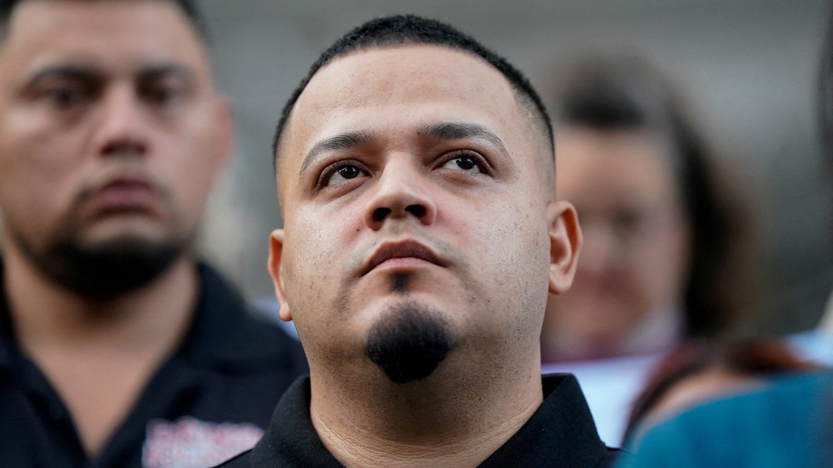 Kilmar Abrego, whose wrongful deportation to El Salvador made him a symbol of U.S. President Donald Trump's aggressive immigration policies, attends an event with supporters, as he appears for a check-in at the ICE field office in Baltimore, Maryland, August 25, 2025.