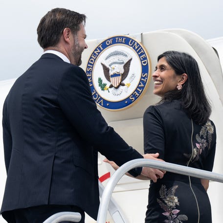 US Vice President JD Vance and Second Lady Usha Vance board Air Force Two upon departure at Wilkes-Barre Scranton Airport in Avoca, Pennsylvania, July 16, 2025, after travelling to the area to speak about the "One Big Beautiful Bill Act" at a local business. US President Donald Trump signed his flagship tax and spending bill into law on July 4. (Photo by SAUL LOEB / POOL / AFP) (Photo by SAUL LOEB/POOL/AFP via Getty Images)