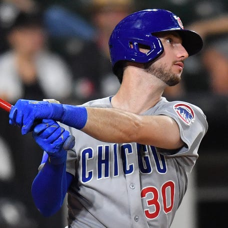 Chicago Cubs right fielder Kyle Tucker hits a single during the ninth inning against the Chicago White Sox at Rate Field on July 26, 2025.