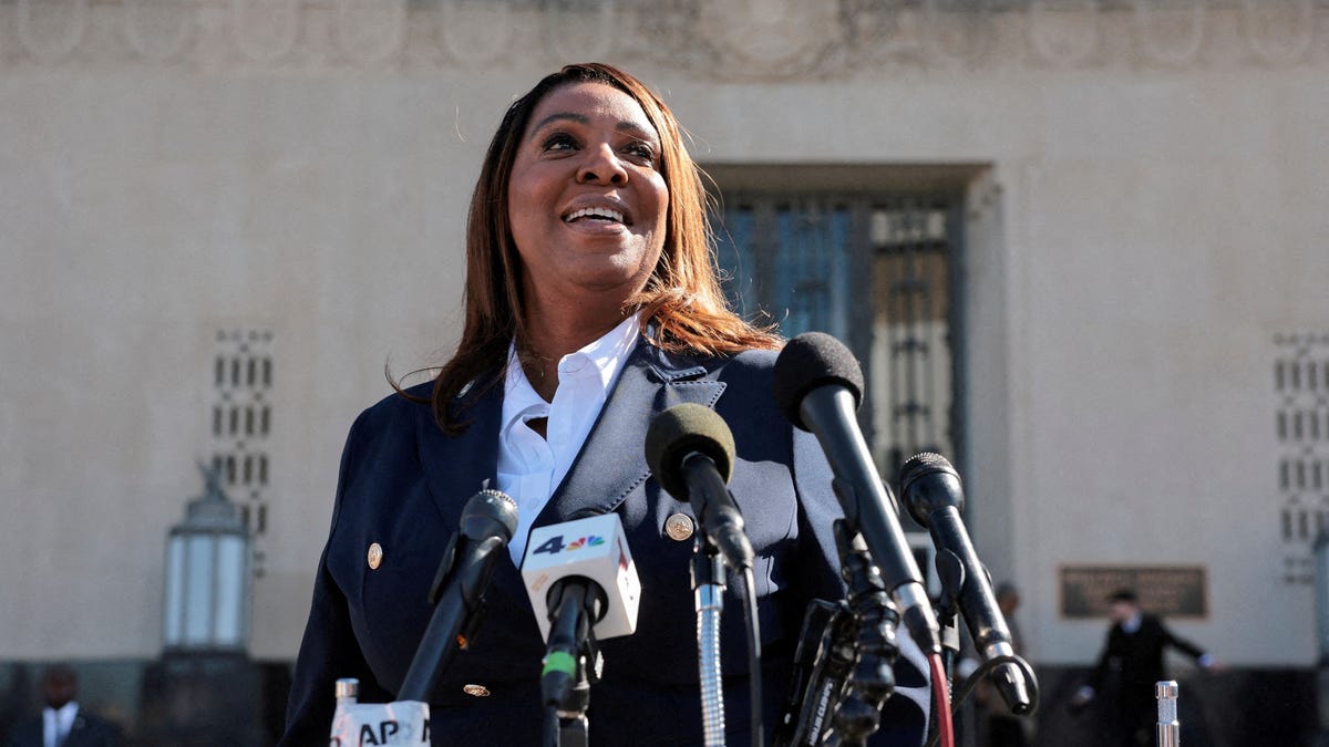 New York Attorney General Letitia James speaks to the media after she pleaded not guilty to charges that she defrauded her mortgage lender, outside the U.S. District Court for the Eastern District of Virginia, in Norfolk, Virginia, U.S., October 24, 2025.