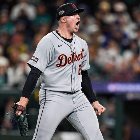 Tigers pitcher Tarik Skubal celebrates striking out Mariners catcher Cal Raleigh in the sixth inning of ALDS Game 5 at T-Mobile Park in Seattle on Friday, Oct. 10, 2025.