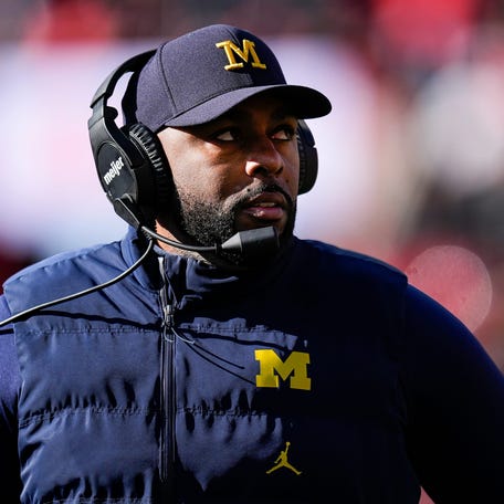 Michigan head coach Sherrone Moore looks on at a timeout against Ohio State during the first half at Ohio Stadium in Columbus, Ohio on Saturday, Nov. 30, 2024.