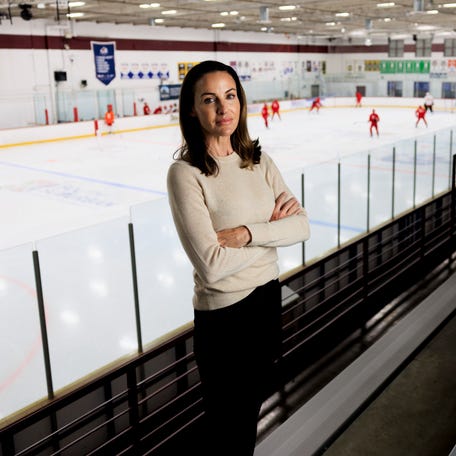 Brooke Wilfley, a hockey parent who runs a hockey club and school in the Denver area, stands for a portrait at the Family Sports Center ice arena. In 2022, Wilfley discovered conflicts of interests involving the longtime president of the Colorado Amateur Hockey Association. When she reported the information to the nonprofit board and USA Hockey, she experienced months of legal threats and retaliation.