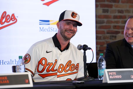 Pete Alonso during his introductory press conference with the Baltimore Orioles.