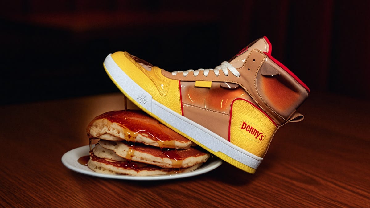 Denny’s Sticky Kicks sneakers are made with real syrup. See photos. Denny’s Sticky Kicks sneakers are made with real syrup. See photos.