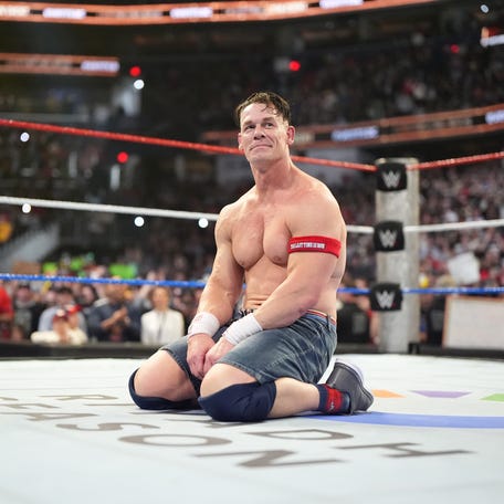 John Cena sits in the ring after losing at Saturday Night's Main Event at Capital One Arena on December 13, 2025 in Washington DC.