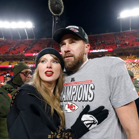 Taylor Swift celebrates with Travis Kelce after the Kansas City Chiefs defeated the Buffalo Bills in the AFC Championship game at Arrowhead Stadium on Jan. 26, 2025, in Kansas City, Missouri.