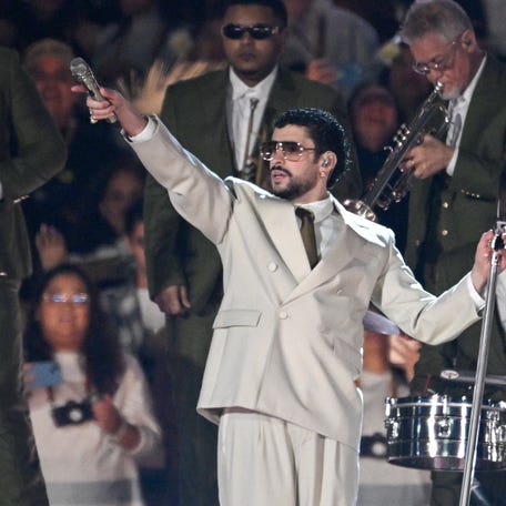 TOPSHOT - Puerto Rican rapper Bad Bunny performs on stage during his "Debi tirar mas fotos" world tour in Mexico City on December 10, 2025. (Photo by Alfredo ESTRELLA / AFP via Getty Images)