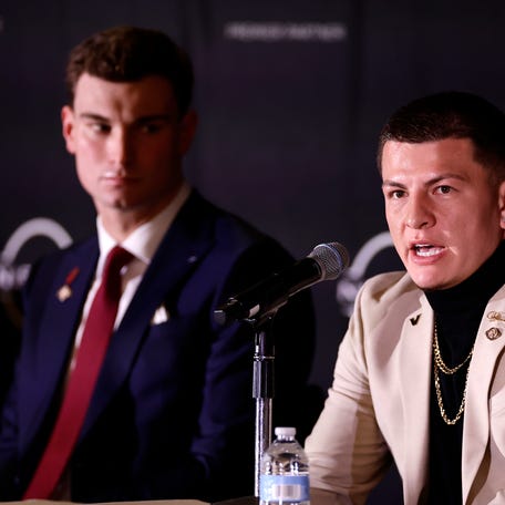 NEW YORK, NEW YORK - DECEMBER 13: Heisman Trophy candidate quarterback Diego Pavia of the Vanderbilt Commodores talks during a press conference before the 2025 Heisman Trophy Presentation at the Marriott Marquis Hotel on December 13, 2025 in New York City. (Photo by Adam Hunger/Getty Images)