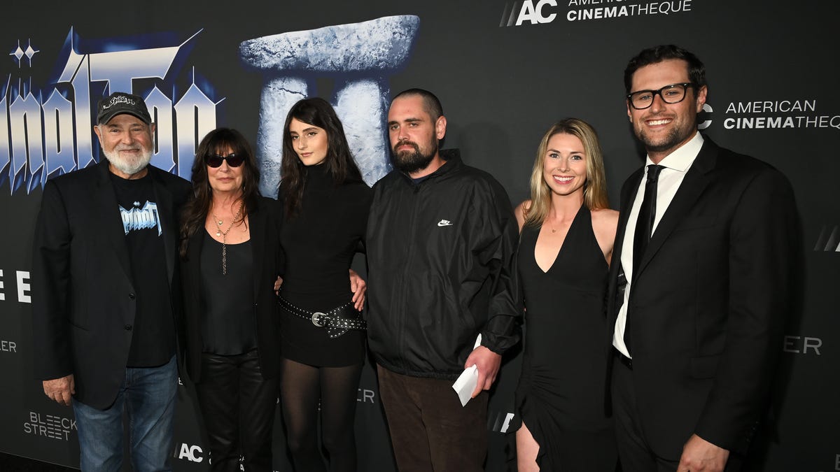 From left, director Rob Reiner, producer Michele Singer Reiner, Romy Reiner, Nick Reiner, Maria Gilfillan and Jake Reiner at a premiere of "Spinal Tap II: The End Continues" in Los Angeles on Sept. 09, 2025.