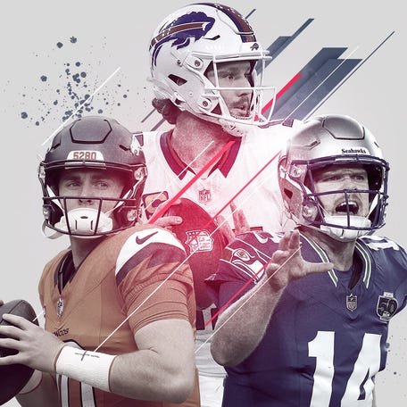Bo Nix of the Denver Broncos, Josh Allen of the Buffalo Bills and Sam Darnold of the Seattle Seahawks
