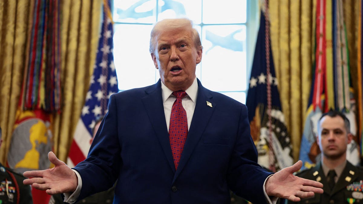 President Donald Trump speaks during a Mexican Border Defense Medal presentation in the Oval Office at the White House in Washington, D.C., U.S., December 15, 2025.