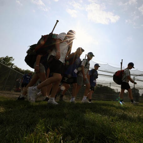 Braintree American Little players leave the batting cage area before they play New Hampshire in the Little League New England Regional championship on Thursday, Aug. 7, 2025 in Bristol, CT.