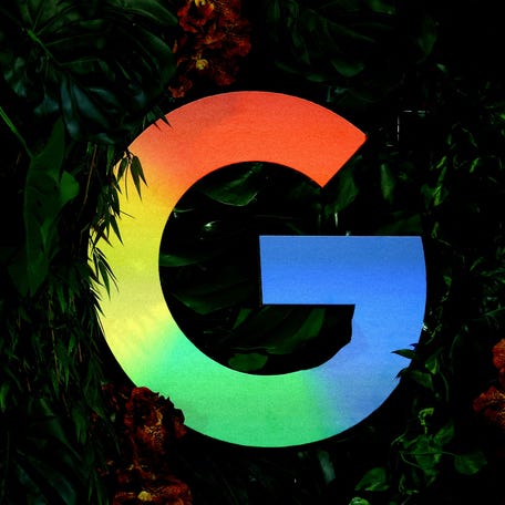 The Google logo is displayed during a press conference in Berlin, Germany, November 11, 2025.