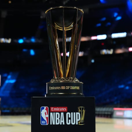 The NBA Cup Trophy on the court following the game between the San Antonio Spurs and the Oklahoma City Thunder at T-Mobile Arena Dec. 12, 2025. Kirby Lee-Imagn Images
