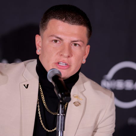 Dec 13, 2025; New York, NY, USA; Vanderbilt Commodores quarterback Diego Pavia speaks to the media during a press conference at the New York Marriott Marquis before the presentation of the Heisman trophy. Mandatory Credit: Brad Penner-Imagn Images
