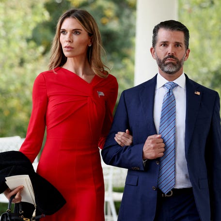 Donald Trump Jr. and Bettina Anderson attend a ceremony held by U.S. President Donald Trump to award posthumously the Medal of Freedom to Charlie Kirk in the Rose Garden at the White House in Washington, D.C., U.S., October 14, 2025. REUTERS/Kevin Lamarque