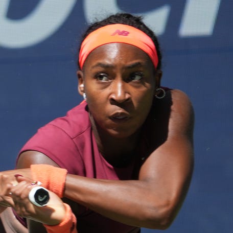 Coco Gauff returns a shot on Day 7 of the 2025 U.S. Open tennis tournament at the USTA Billie Jean King National Tennis Center.