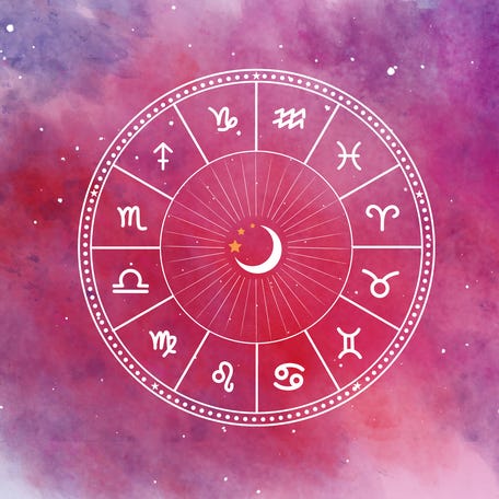 Western astrology circle with 12 zodiac signs on a colorful space background full of stars. Beautiful colors.