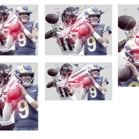 Jaxon Smith-Njigba of the Seattle Seahawks and Matthew Stafford of the Los Angeles Rams