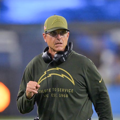 Nov 9, 2025; Inglewood, California, USA; Los Angeles Chargers head coach Jim Harbaugh reacts during the fourth quarter of the game against the Pittsburgh Steelers at SoFi Stadium. Mandatory Credit: Jayne Kamin-Oncea-Imagn Images