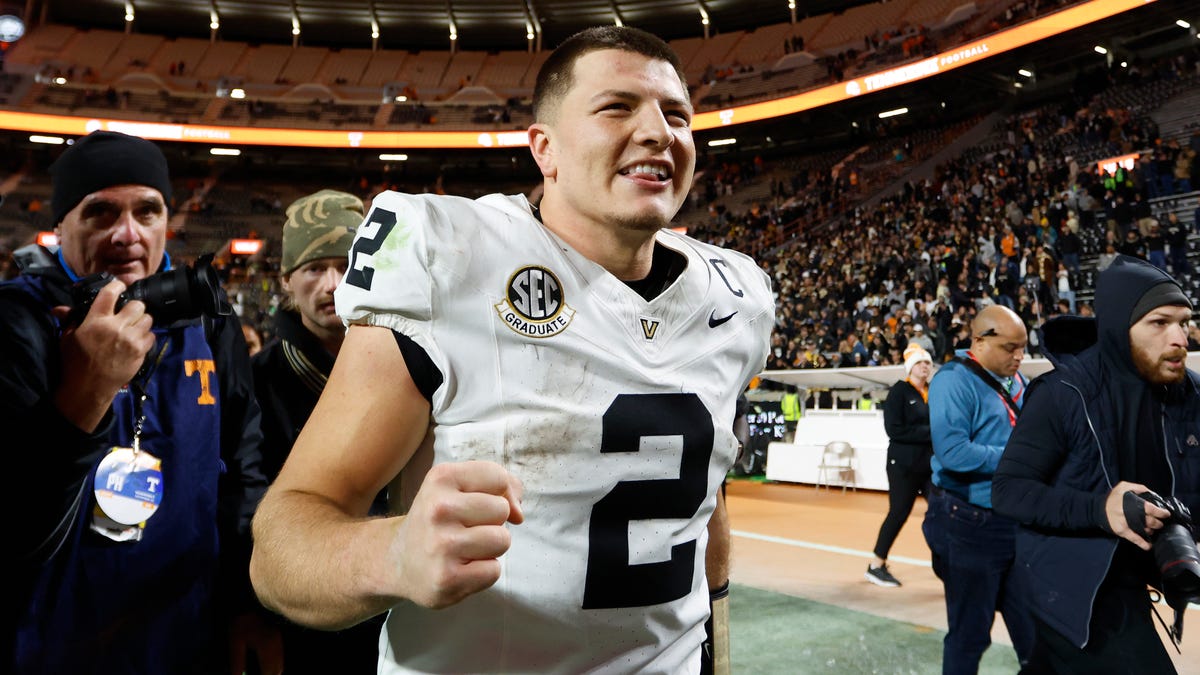 Diego Pavia #2 of the Vanderbilt Commodores celebrates after a victory against the Tennessee Volunteers at Neyland Stadium on November 29, 2025 in Knoxville, Tennessee.
