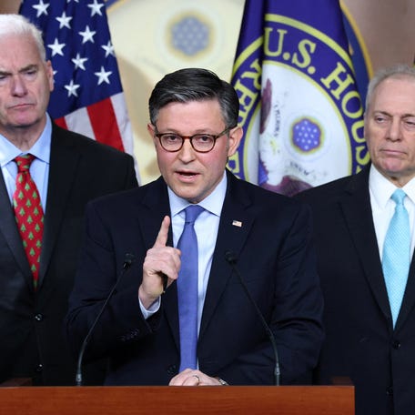 U.S. House Speaker Mike Johnson, R-Louisiana, with fellow House Republican leaders, addresses reporters at the U.S. Capitol in Washington, DC, on Dec. 16, 2025.