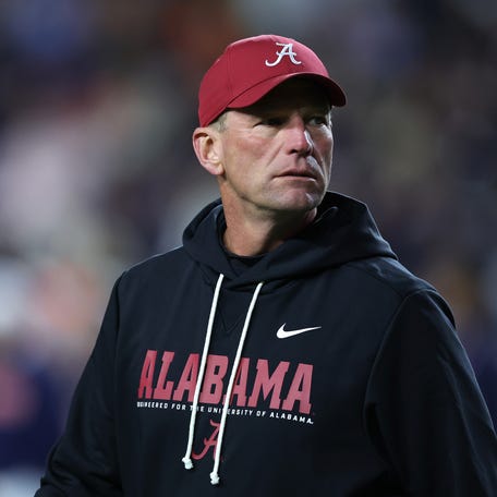 AUBURN, ALABAMA - NOVEMBER 29: Head coach Kalen Deboer of the Alabama Crimson Tide looks on during warmups prior to facing the Auburn Tigers at Jordan-Hare Stadium on November 29, 2025 in Auburn, Alabama. (Photo by Kevin C. Cox/Getty Images)